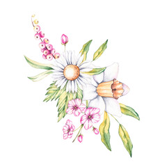 Watercolor spring flower bouquet with chamomile, narcissus, apple tree flowers