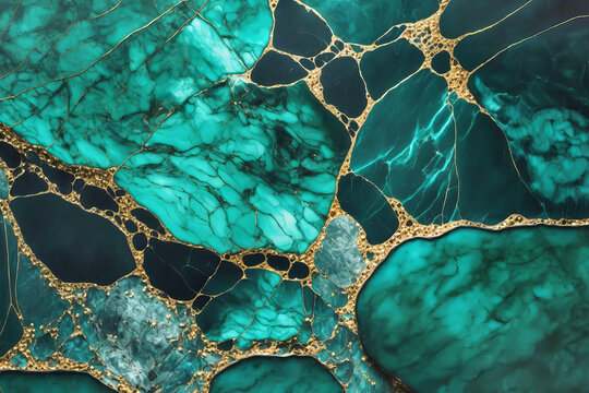 Luxury teal green marble texture with golden veins. Generative AI illustration