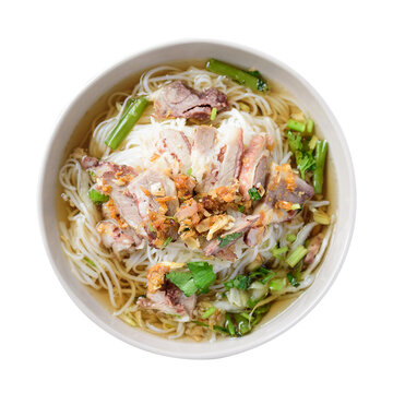 Thai rice noodle soup with beef in bowl