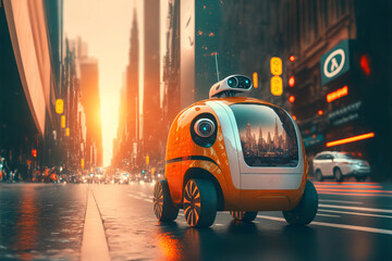 Small yellow robot taxi rides along big city street. Artificial intelligence controls the car. Generative AI illustration - obrazy, fototapety, plakaty