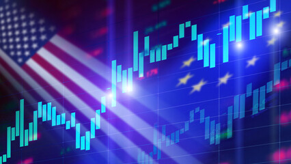 A Stock market background with USA and European Union Flags and Rising market charts