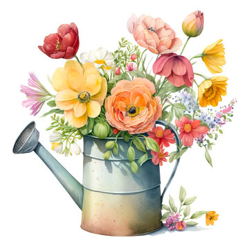 Spring bouquet in a garden watering can. Digital art image. Botanical illustration.