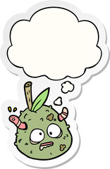 cartoon old pear and thought bubble as a printed sticker