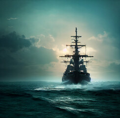 Warship with lowered sails during a storm. 3D illustration