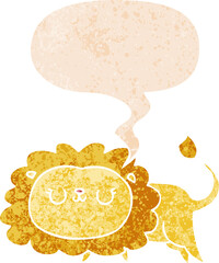 cartoon lion and speech bubble in retro textured style