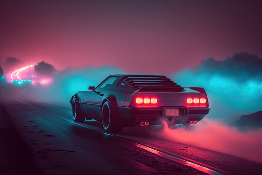 Illustration of a 80s style vaporwave retro futuristic supercar in a blue and pink neon cyber digital Miami city .Generative AI