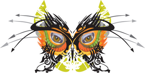 Bright ornamental butterfly wings with eyes and arrows elements on white. A bizarre butterfly, like an owl with an unusual pattern for prints, fashion trends, fabrics, textiles, posters, emblems, etc.