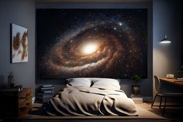 Illustration of a kids room with a large picture of the milky way galaxy.
