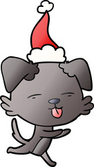 gradient cartoon of a dog sticking out tongue wearing santa hat