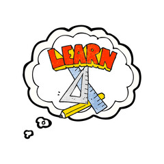 thought bubble textured cartoon pencil and ruler under Learn symbol