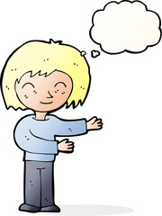 cartoon woman gestureing welcome with thought bubble