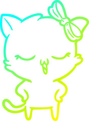 cold gradient line drawing cartoon cat with bow on head and hands on hips