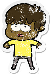 distressed sticker of a cartoon exhausted boy