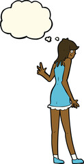 cartoon woman waving with thought bubble