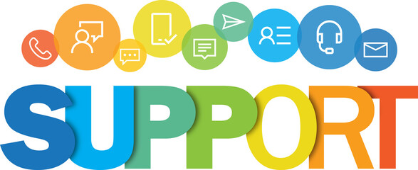 SUPPORT colorful typography banner with icons on circles on transparent background