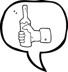 speech bubble cartoon hand holding bottle of wine