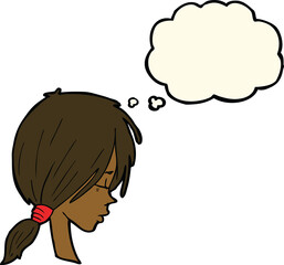 cartoon girl looking thoughtful with thought bubble