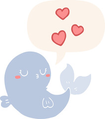 cute cartoon whale in love and speech bubble in retro style