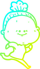 cold gradient line drawing cartoon happy old woman