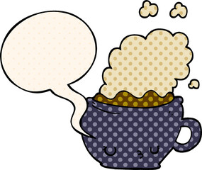 cute cartoon coffee cup and speech bubble in comic book style