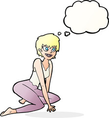 cartoon happy woman sitting on floor with thought bubble