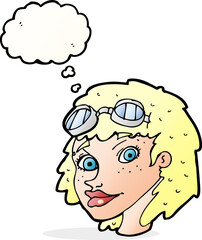 cartoon happy woman wearing aviator goggles with thought bubble