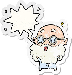 cute cartoon surprised old man and speech bubble distressed sticker
