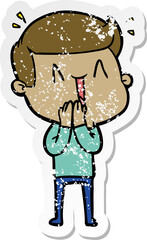 distressed sticker of a cartoon excited man