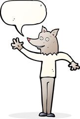 cartoon waving wolf man with speech bubble