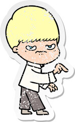 distressed sticker of a annoyed cartoon boy