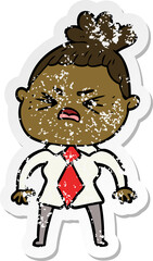distressed sticker of a cartoon angry woman