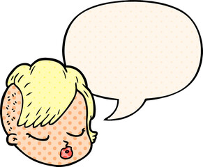 cartoon female face and speech bubble in comic book style
