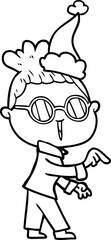 line drawing of a woman wearing spectacles wearing santa hat
