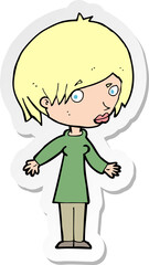 sticker of a cartoon woman shrugging shoulders