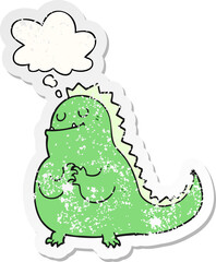 cartoon dinosaur and thought bubble as a distressed worn sticker