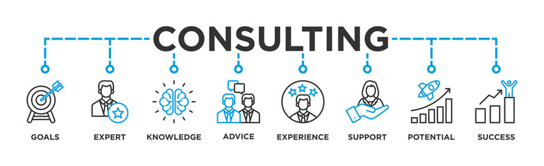 Consulting banner web icon vector illustration concept for business consultation with an icon of goals, expert, knowledge, advice, experience, support, potential, and success