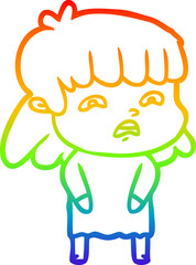 rainbow gradient line drawing cartoon worried woman
