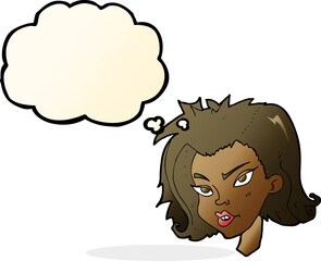 cartoon female face with thought bubble