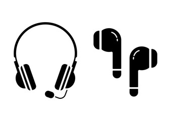 Set of vector icons of headphones. Vector headphones, airpods on isolated background.