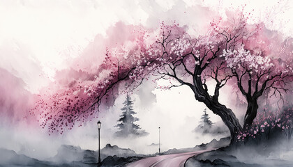 Sakura flowers watercolor illustration. Landscape with trees. Spring concept. Generative AI