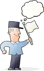 cartoon man waving flag with thought bubble