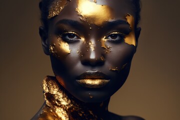 Fototapeta Modelo de maquillaje elegante pan de oro, glamour efecto dorado, maquillaje profesional, creado con IA generativa obraz