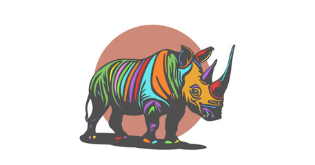 Vector wild sad multicolored or rainbow colored African bicorn rhinoceros on a white isolated background.