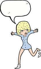 cartoon woman kicking off sock with speech bubble