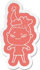 cartoon  sticker of a woman wearing santa hat