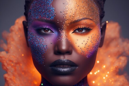 Modelo de maquillaje pedrería de lujo en la cara, estilo kitsch azul, maquillaje profesional, creado con IA generativa