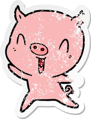 distressed sticker of a happy cartoon pig