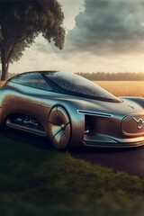 Concepto coche futurista de lujo, coche eléctrico del futuro, deportivo en la carretera al atardecer, creado con IA generativa