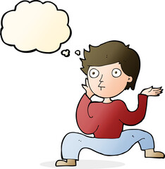 cartoon boy doing crazy dance with thought bubble