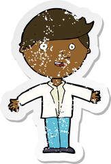 retro distressed sticker of a cartoon man in casual jacket